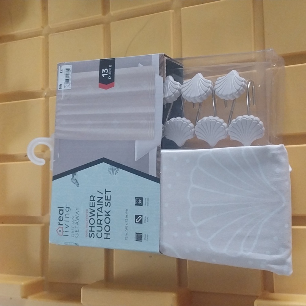 Real Living White Shower Curtain and Hook Set